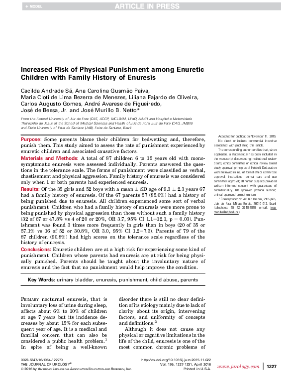 (PDF) Increased Risk of Physical Punishment among Enuretic Children ...