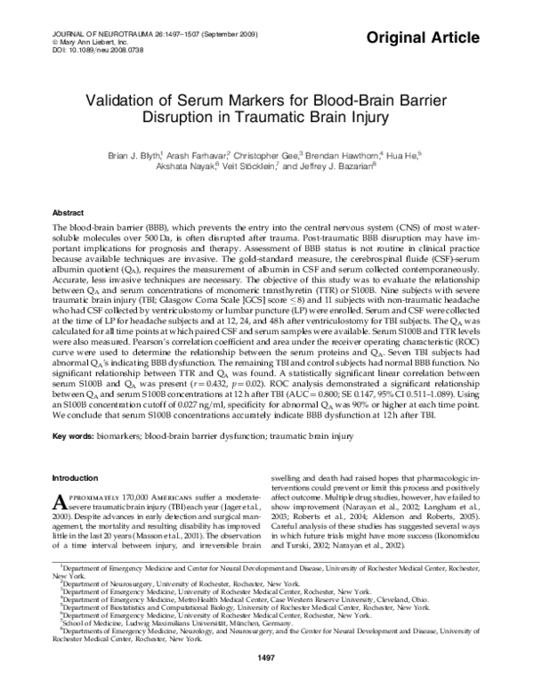(PDF) Validation of Serum Markers for Blood Brain Barrier Disruption in ...