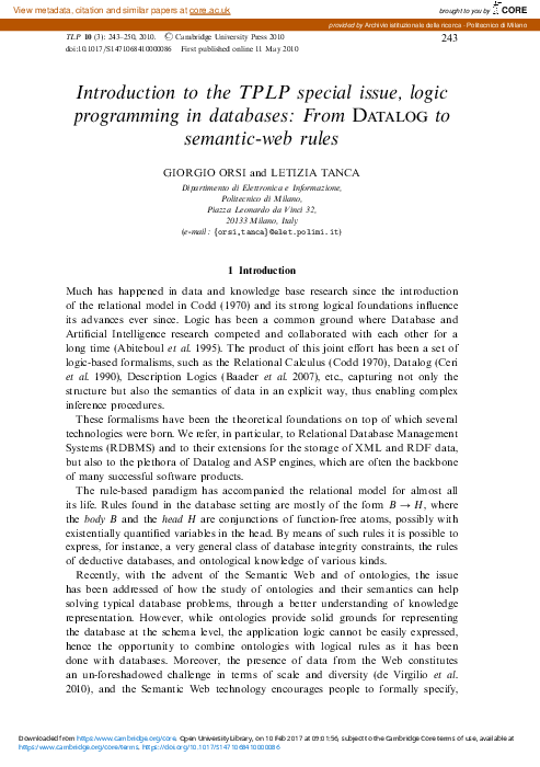 (PDF) Introduction to the TPLP special issue, logic programming in ...