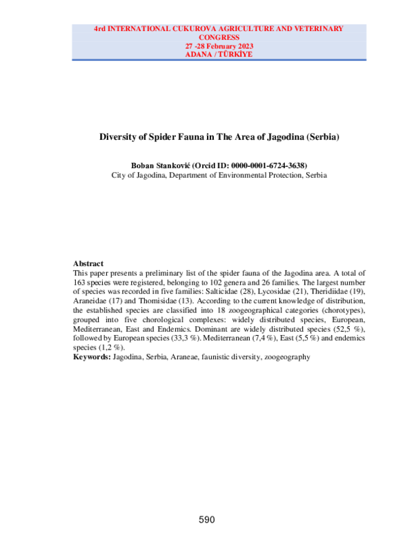 (PDF) Diversity of Spider Fauna in The Area of Jagodina (Serbia)