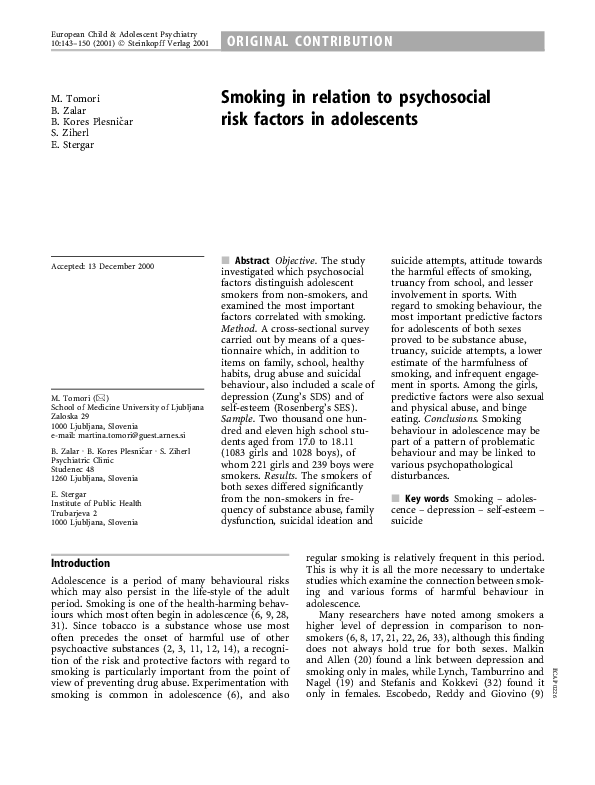 (PDF) Smoking in relation to psychosocial risk factors in adolescents