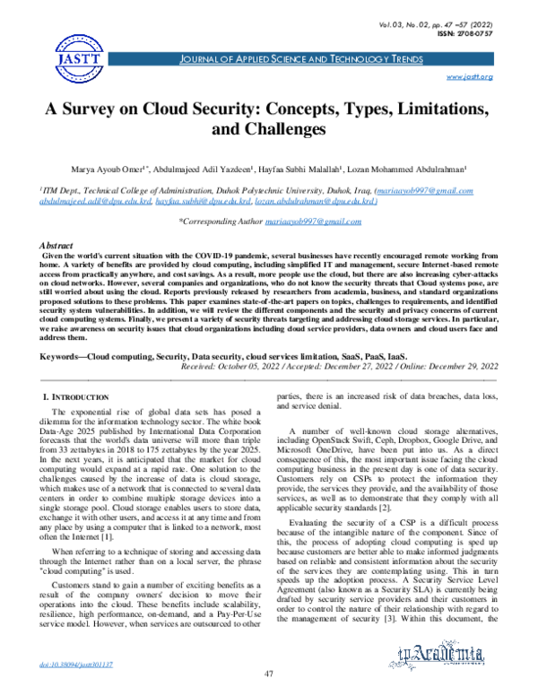 (PDF) A Survey on Cloud Security: Concepts, Types, Limitations, and ...