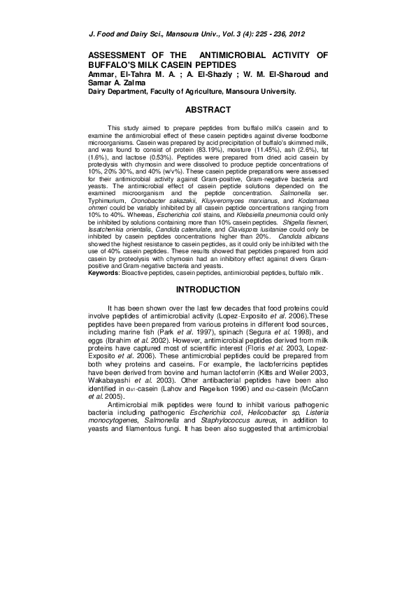(PDF) Assessment of the Antimicrobial Activity of Buffalo's Milk Casein ...