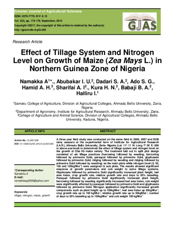 (PDF) Effect of Tillage System and Nitrogen Level on Growth of Maize ...