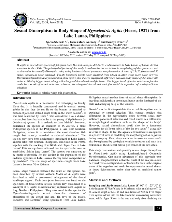 (PDF) Sexual Dimorphism in Body Shape of Hypseleotris Agilis (Herre ...