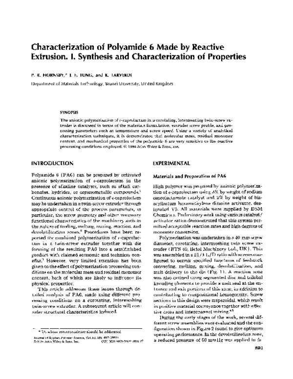 (PDF) Characterization of polyamide 6 made by reactive extrusion. I ...
