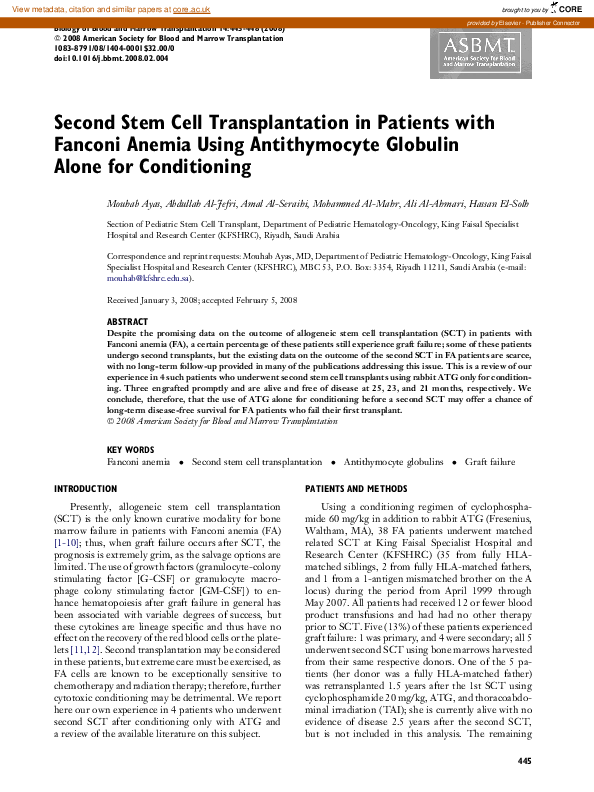 (PDF) Second Stem Cell Transplantation in Patients with Fanconi Anemia ...