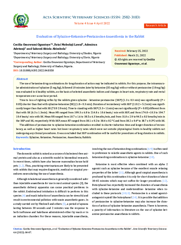 (PDF) Evaluation of Xylazine-Ketamine-Pentazocine Anaesthesia in the Rabbit