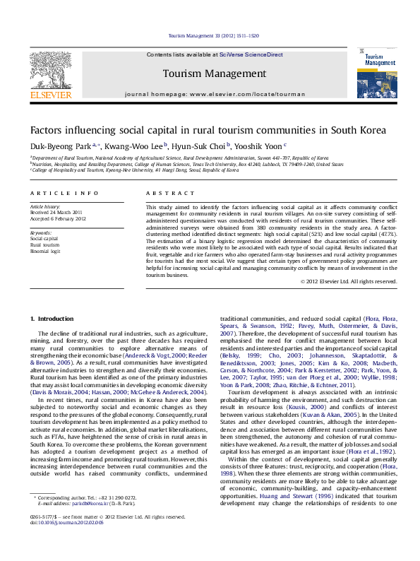 (PDF) Factors influencing social capital in rural tourism communities ...