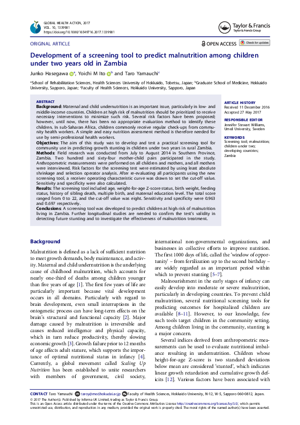 (PDF) Development of a screening tool to predict malnutrition among ...