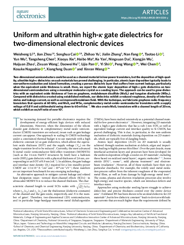 (PDF) Uniform and ultrathin high-κ gate dielectrics for two-dimensional ...