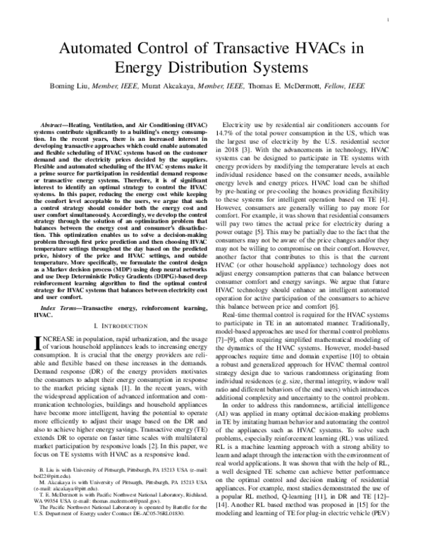 (PDF) Automated Control of Transactive HVACs in Energy Distribution Systems