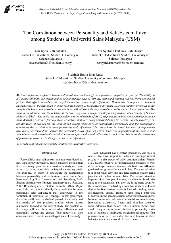 (PDF) The Correlation between Personality and Self-Esteem Level among ...