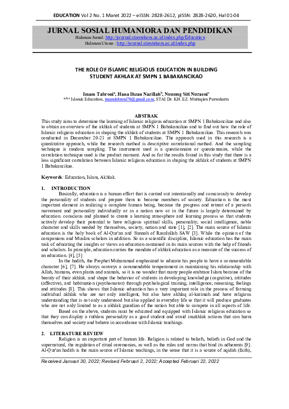 (PDF) The Role of Islamic Religious Education in Building Student ...