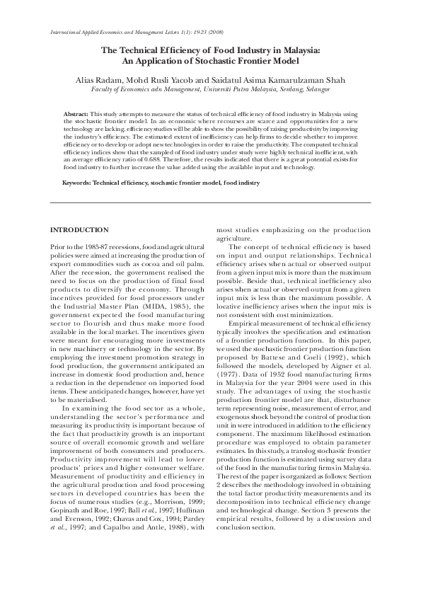 (PDF) The Technical Efficiency of Food Industry in Malaysia: An ...