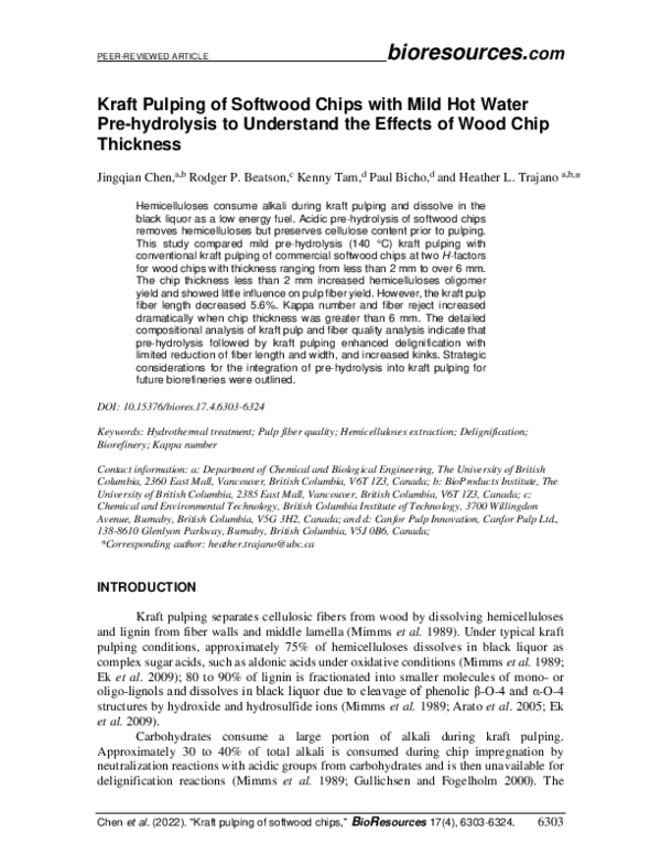 (PDF) Kraft pulping of softwood chips with mild hot water pre ...