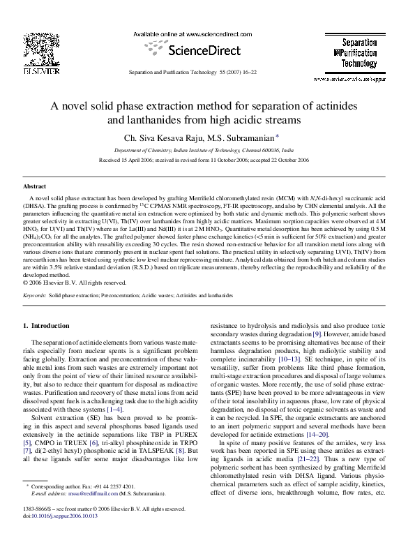 (PDF) A novel solid phase extraction method for separation of actinides ...