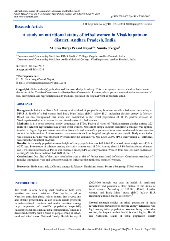 (PDF) A study on nutritional status of tribal women in Visakhapatnam ...