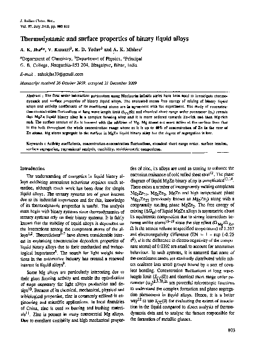 (PDF) Thermodynamic and surface properties of binary liquid alloys