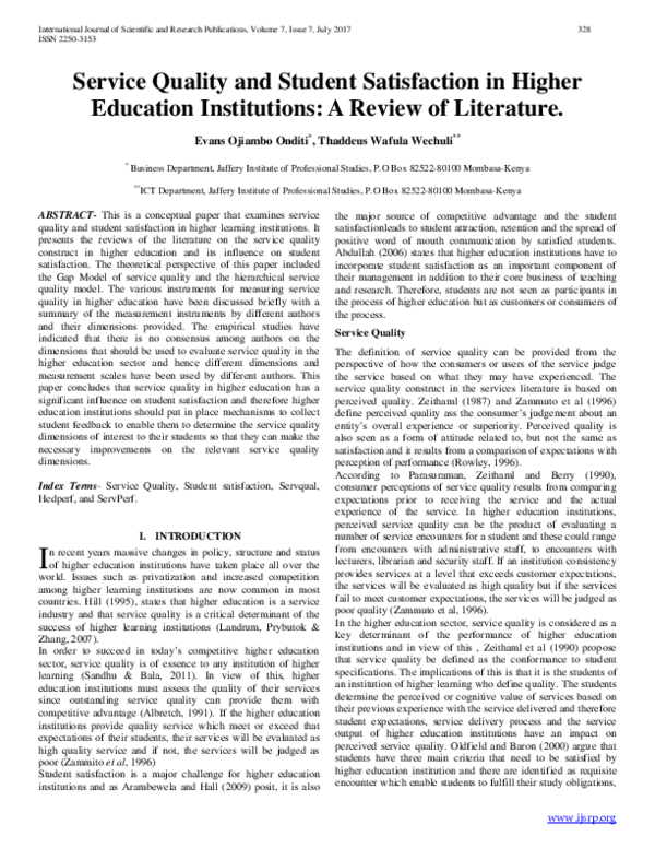(PDF) Service Quality and Student Satisfaction in Higher Education ...