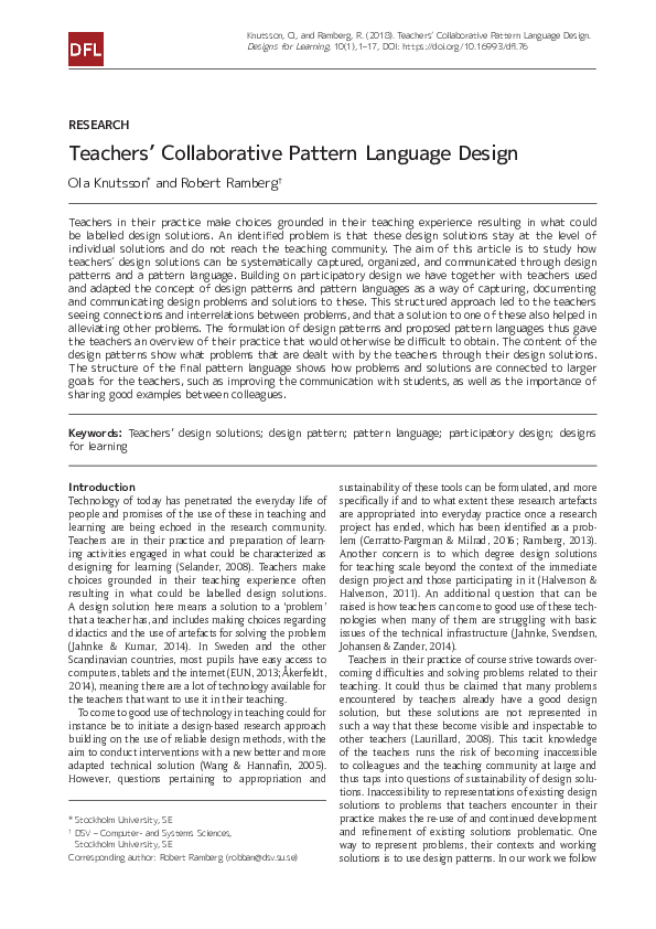 (PDF) Teachers’ Collaborative Pattern Language Design