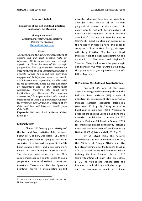 (PDF) Geopolitics of the Belt and Road Initiative Implications for Myanmar Thaingi Htwe