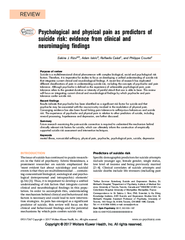 (PDF) Psychological and physical pain as predictors of suicide risk