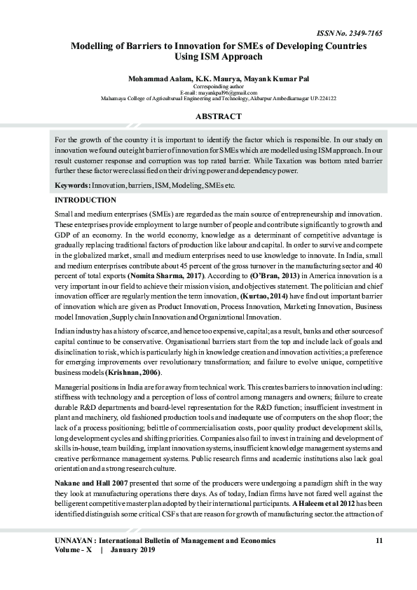 (PDF) Modelling of Barriers to Innovation for SMEs of Developing ...