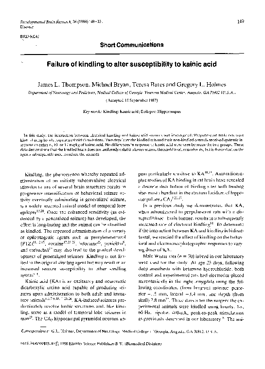 (PDF) Failure of kindling to alter susceptibility to kainic acid