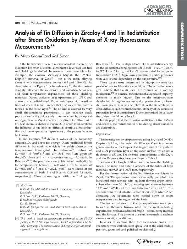 (PDF) Analysis of Tin Diffusion in Zircaloy-4 and Tin Redistribution ...