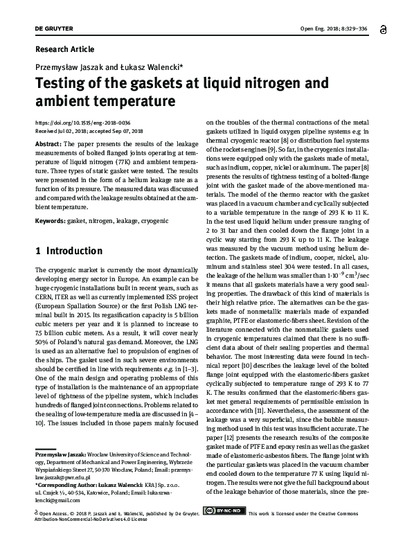(PDF) Testing of the gaskets at liquid nitrogen and ambient temperature