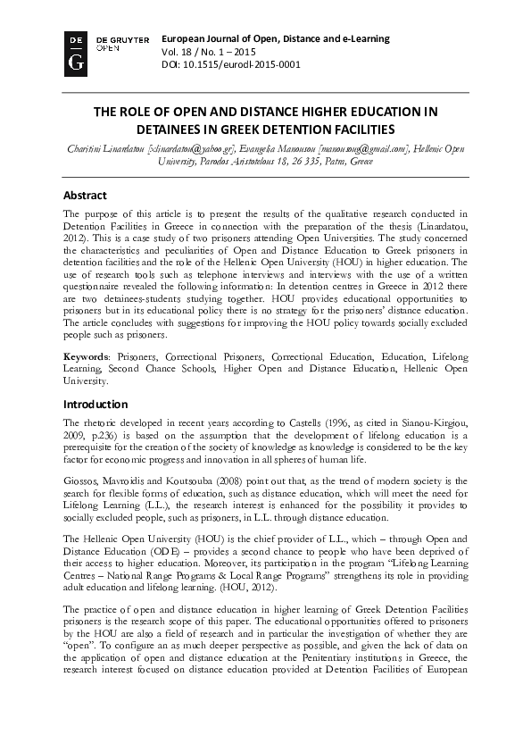 (PDF) The Role Of Open And Distance Higher Education In Detainees In ...