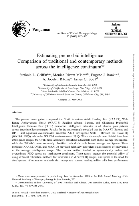 (PDF) Estimating premorbid intelligence Comparison of traditional and ...