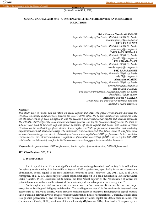 (PDF) Social Capital and SME: A Systematic Literature Review and ...