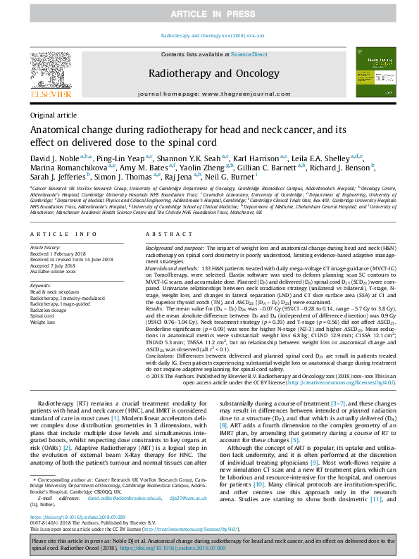 (PDF) Anatomical change during radiotherapy for head and neck cancer ...