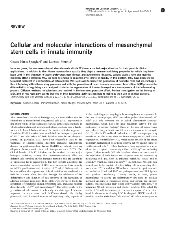 (PDF) Cellular and molecular interactions of mesenchymal stem cells in ...