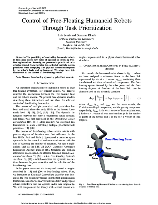 (PDF) Control of Free-Floating Humanoid Robots Through Task Prioritization