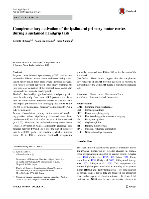 (PDF) Complementary activation of the ipsilateral primary motor cortex ...