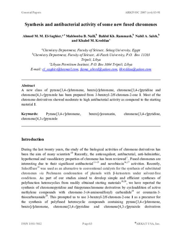 (PDF) Synthesis and antibacterial activity of some new fused chromenes