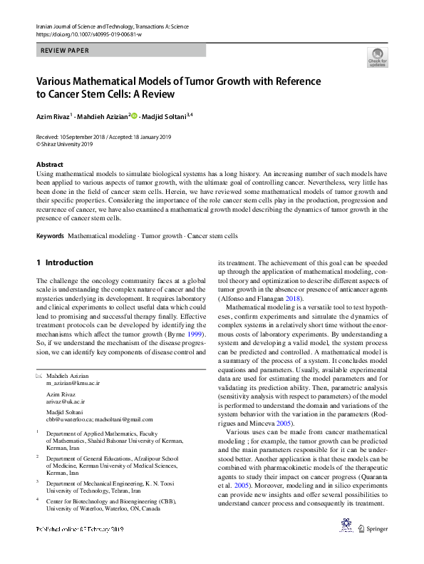 (PDF) Various Mathematical Models of Tumor Growth with Reference to ...