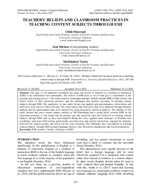 (PDF) Teachers’ Beliefs and Classroom Practices in Teaching Content ...