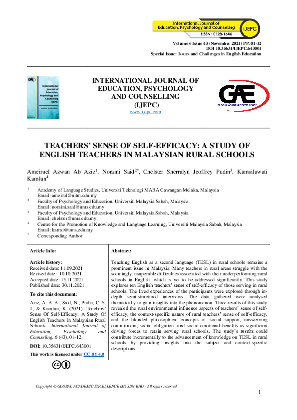 (PDF) Teachers’ Sense of Self-Efficacy: A Study of English Teachers in ...