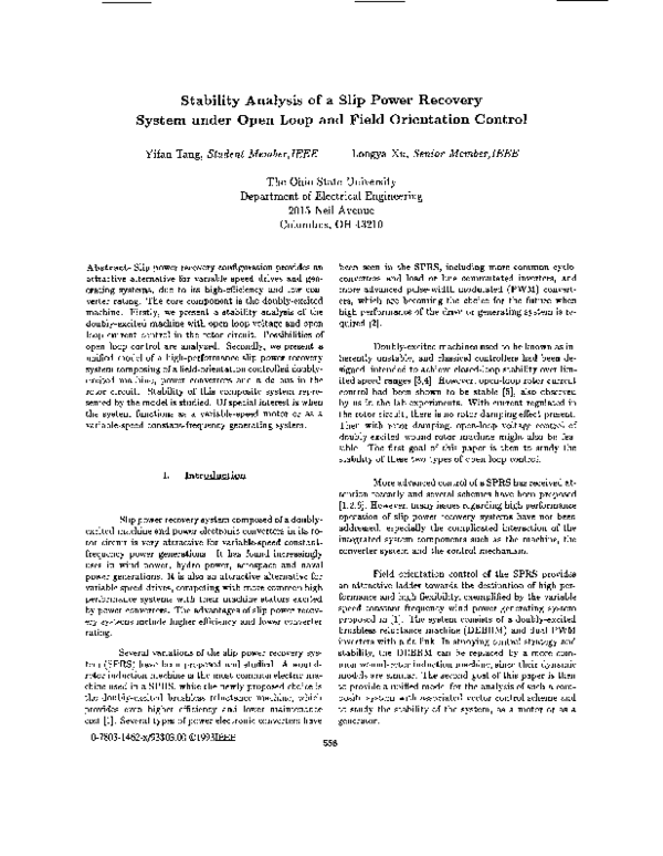 (PDF) Stability analysis of a slip power recovery system under open ...