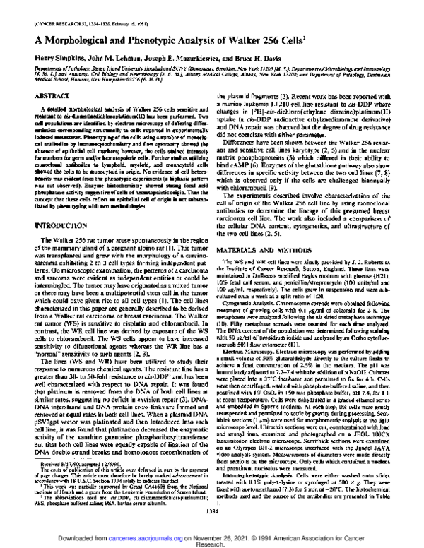 (PDF) A morphological and phenotypic analysis of Walker 256 cells