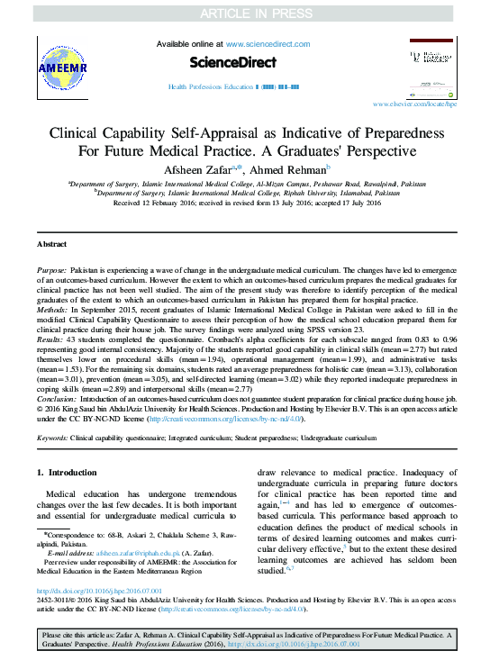 (PDF) Clinical Capability Self-Appraisal as Indicative of Preparedness ...