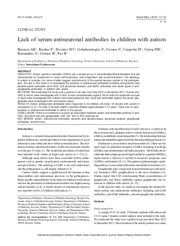 (PDF) Lack of serum antineuronal antibodies in children with autism