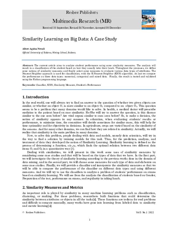 (PDF) Similarity Learning on Big Data: A Case Study