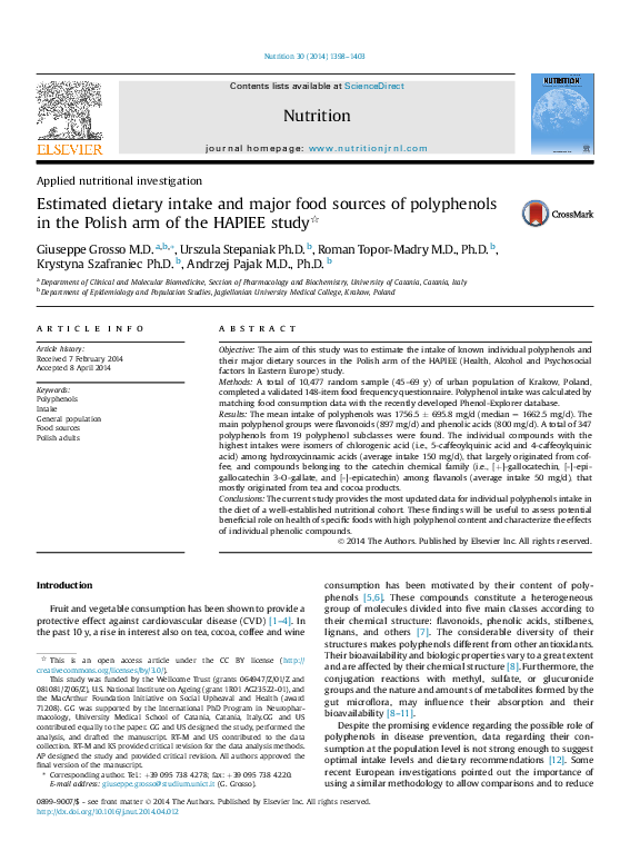 (PDF) Estimated dietary intake and major food sources of polyphenols in ...