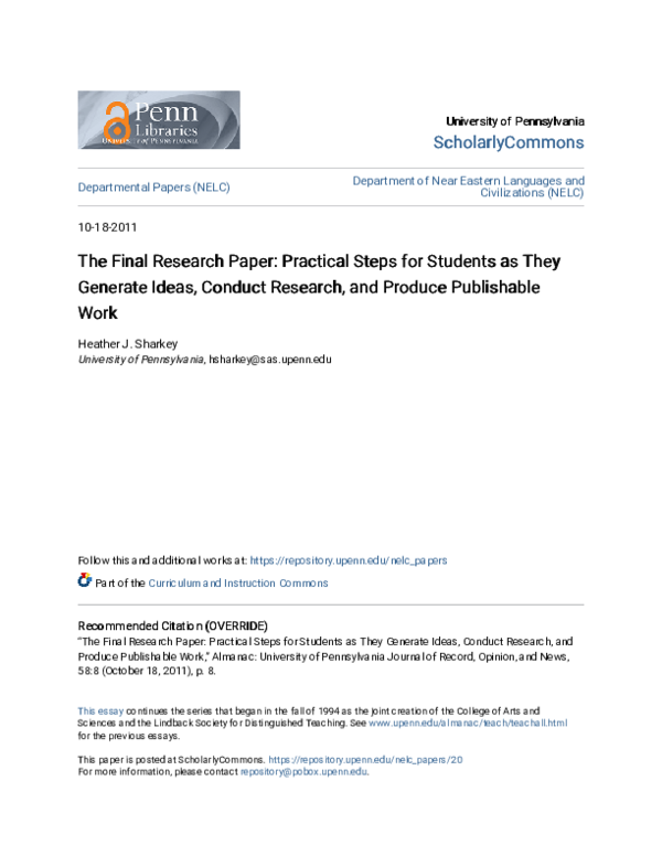 (PDF) The Final Research Paper: Practical Steps for Students as They ...