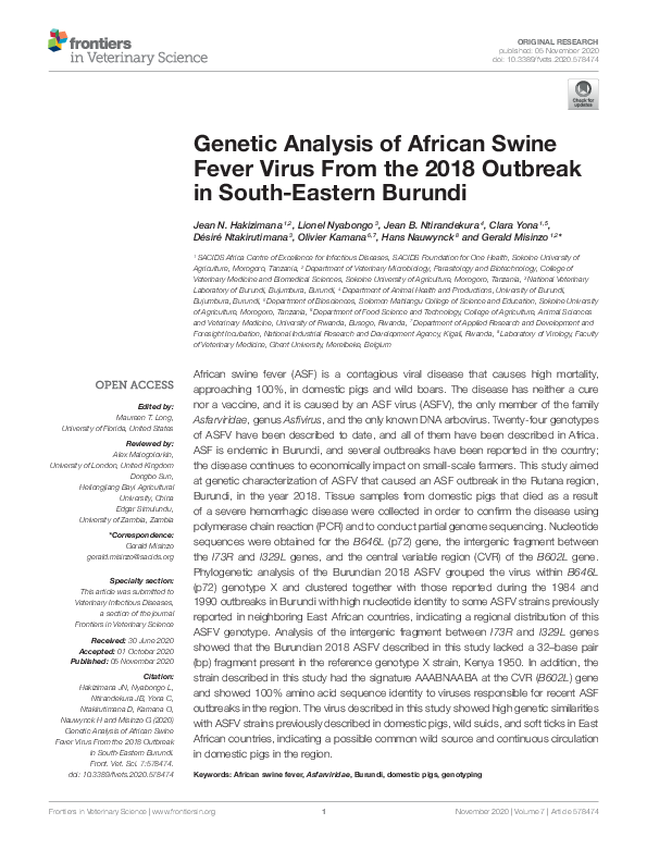 (PDF) Genetic Analysis of African Swine Fever Virus From the 2018 ...